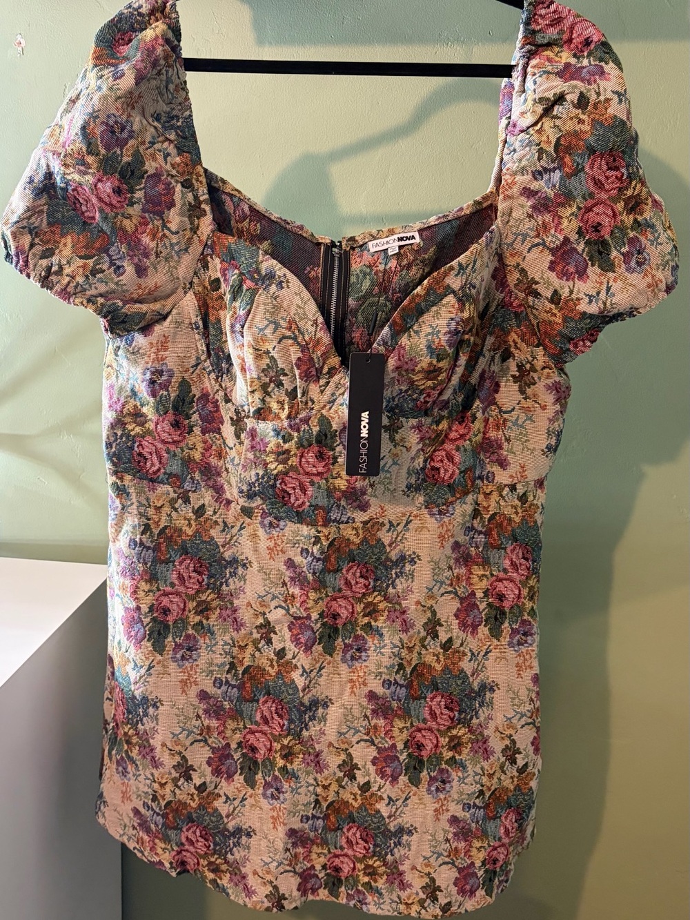 Fashion Nova Tapestry Floral Puff-Sleeve Sweetheart Tunic - Cream, Pink, Green